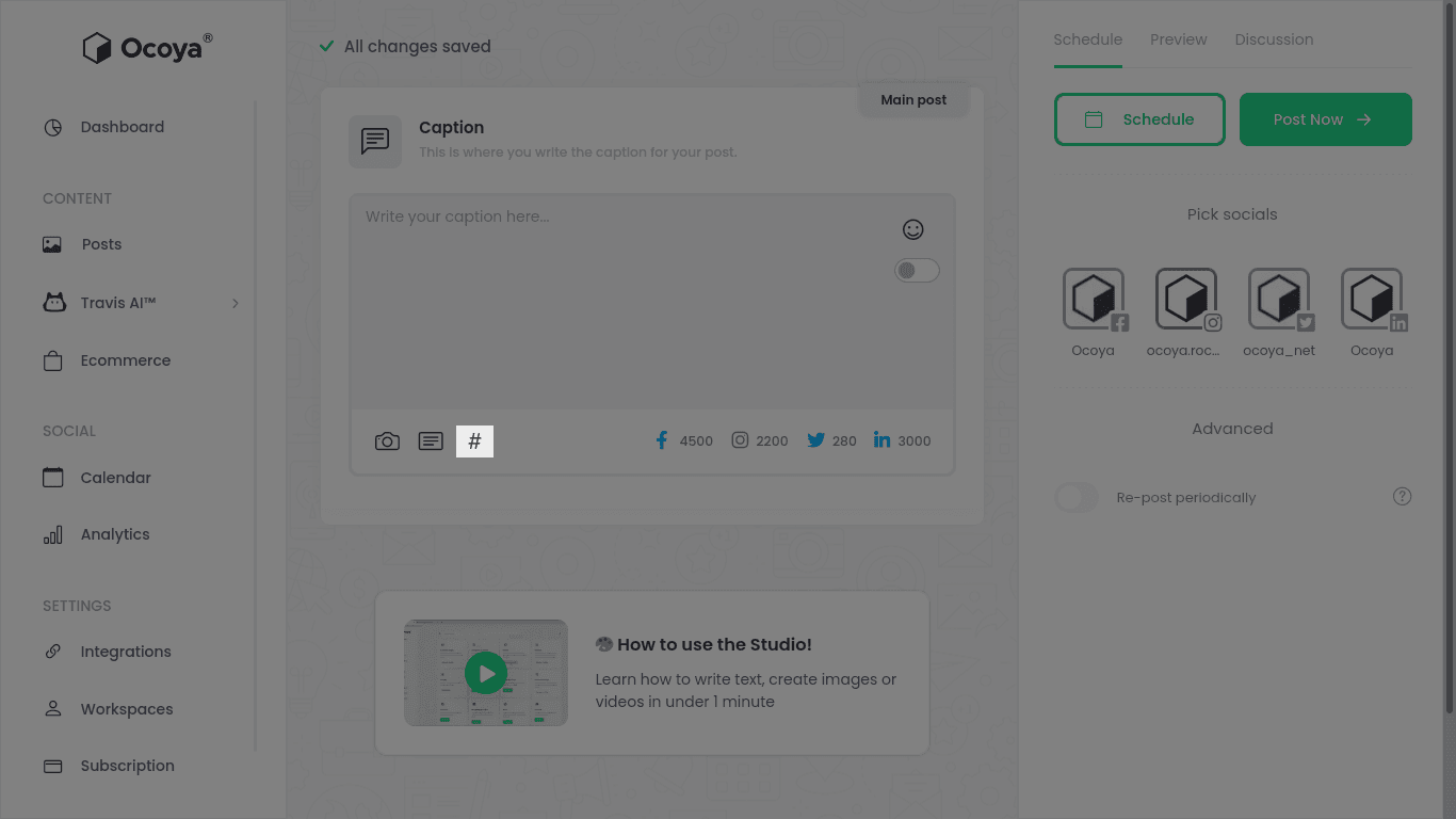 Automatically generate hashtags with Ocoya