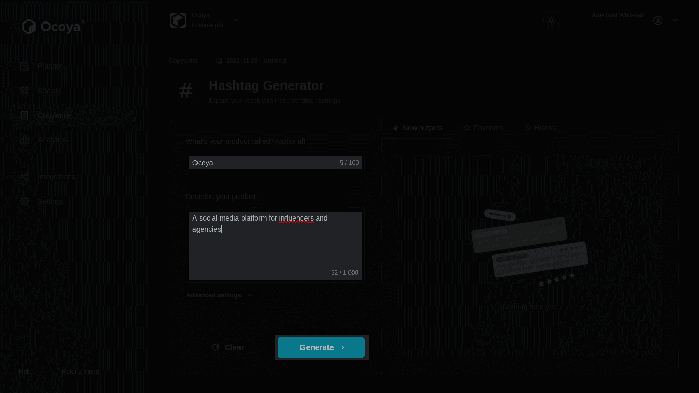 Ocoya hashtag generator input fields