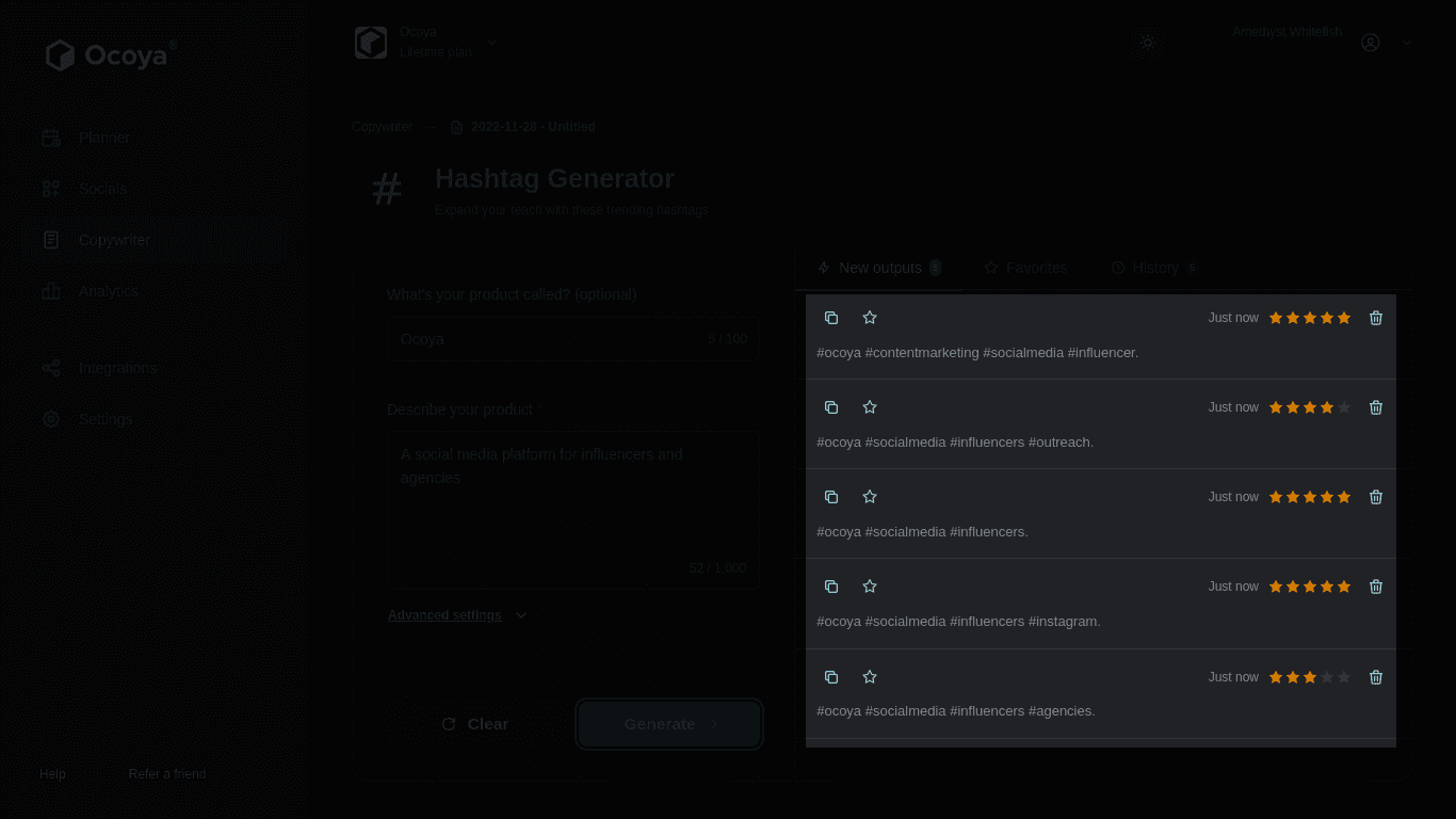 Ocoya hashtag generator examples