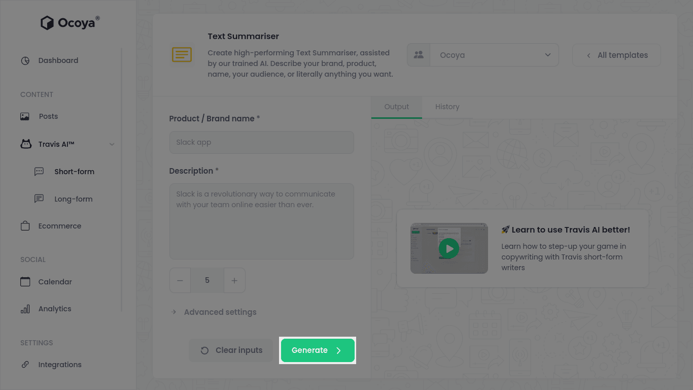 Generate Text Summariser results