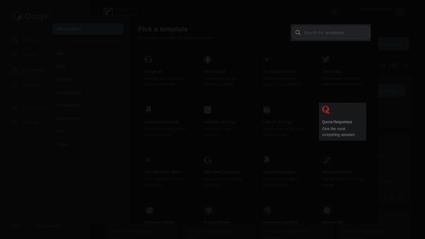 Ocoya's built-in Quora answers generator