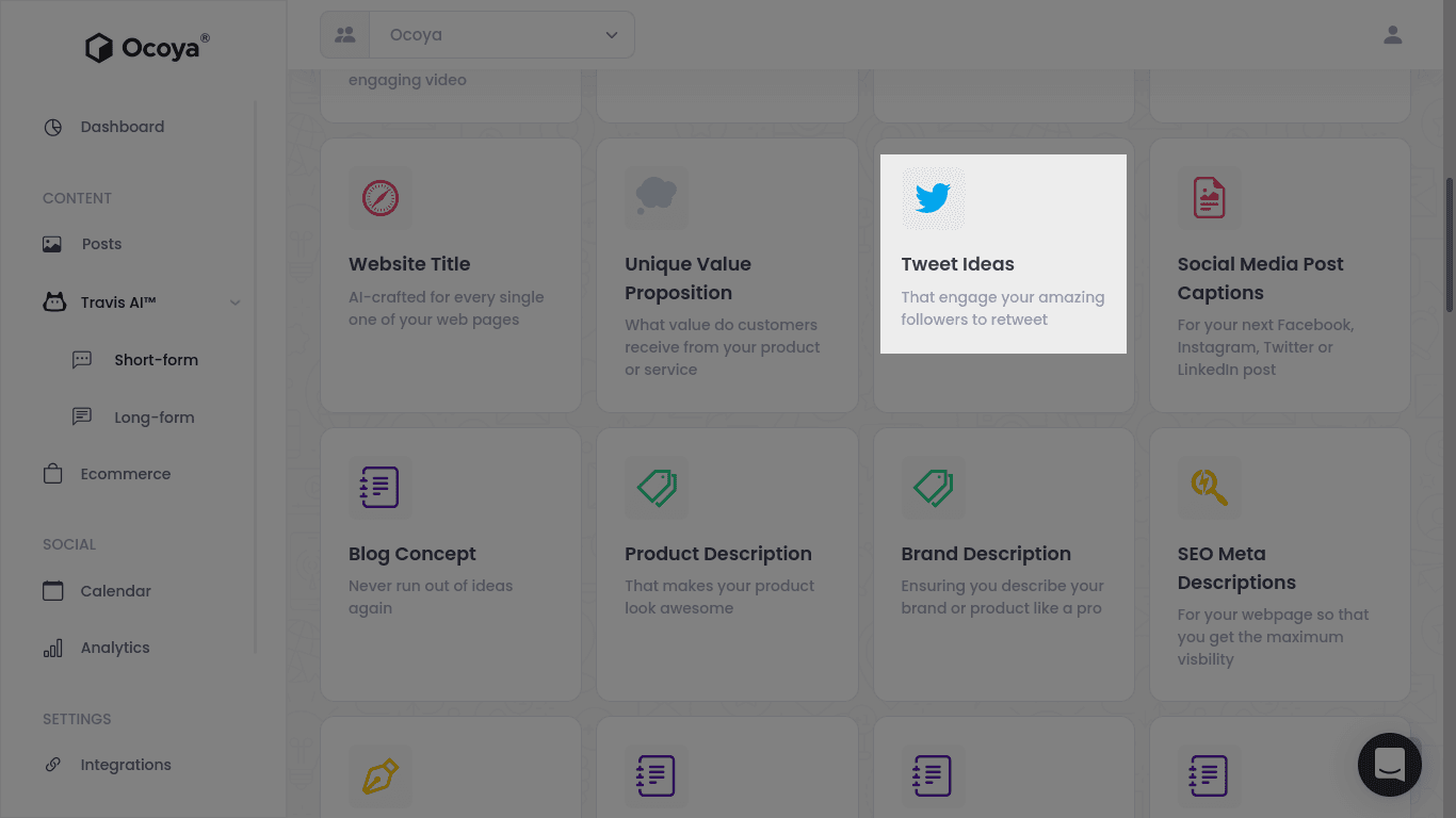Step 2 in generating tweet ideas with Ocoya and Travis AI
