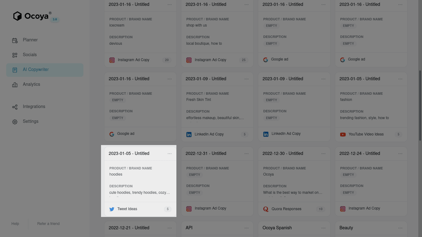 Input a couple of keywords and Ocoya will suggest tweet ideas for you