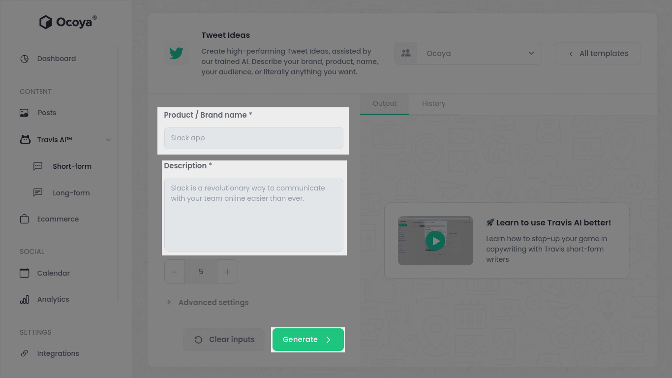 Final step: enter details to generate tweet ideas with Ocoya and Travis AI