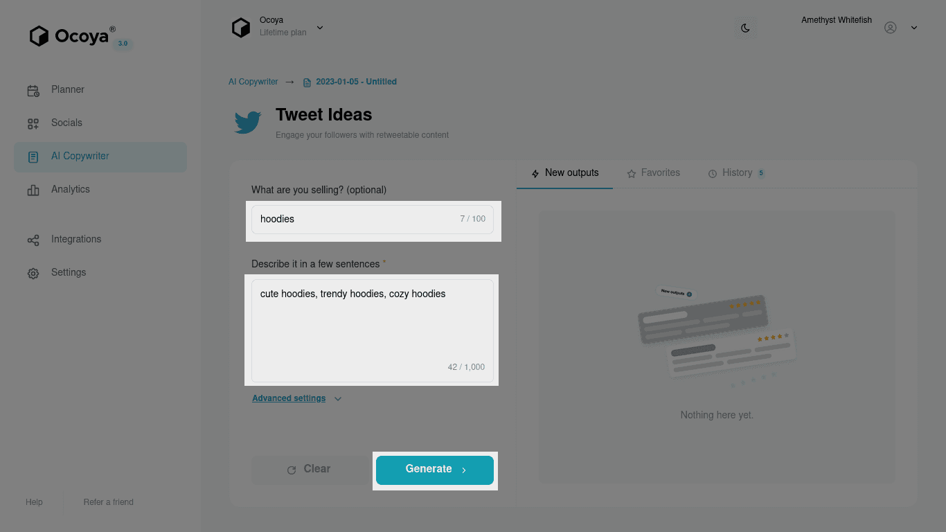 Answer a couple of basic questions for Ocoya generate tweet ideas