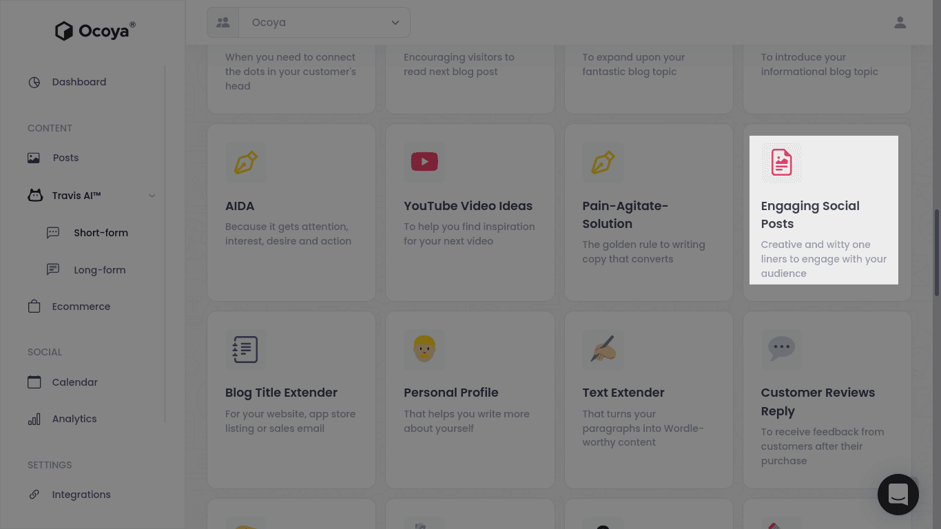 Creating engaging social posts on Ocoya with Travis AI