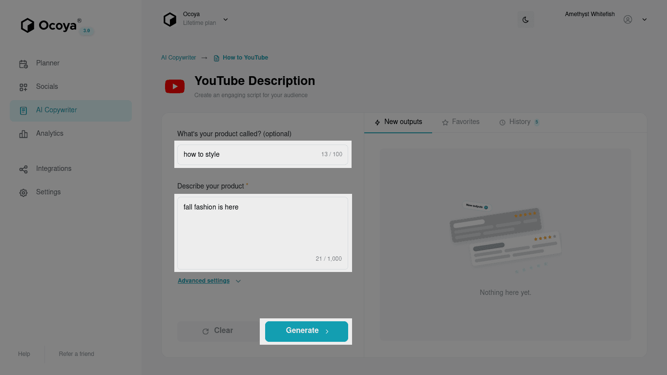 Give Ocoya some basic information and let it generate a Youtube description for you